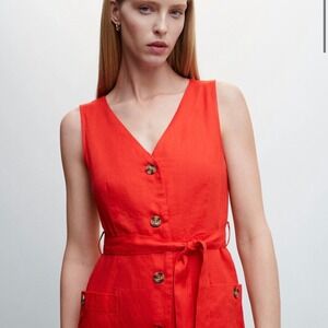 MANGO Womens 100% Linen Red Shirty Front Button Closure Sleeveless Dress - 18